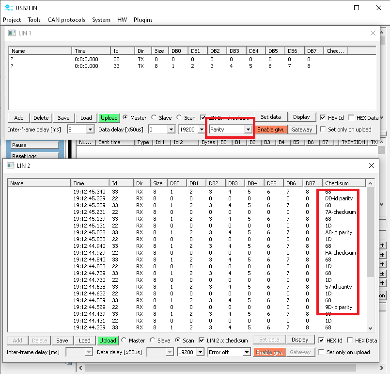 USB2LIN - chyby checksumu a parity