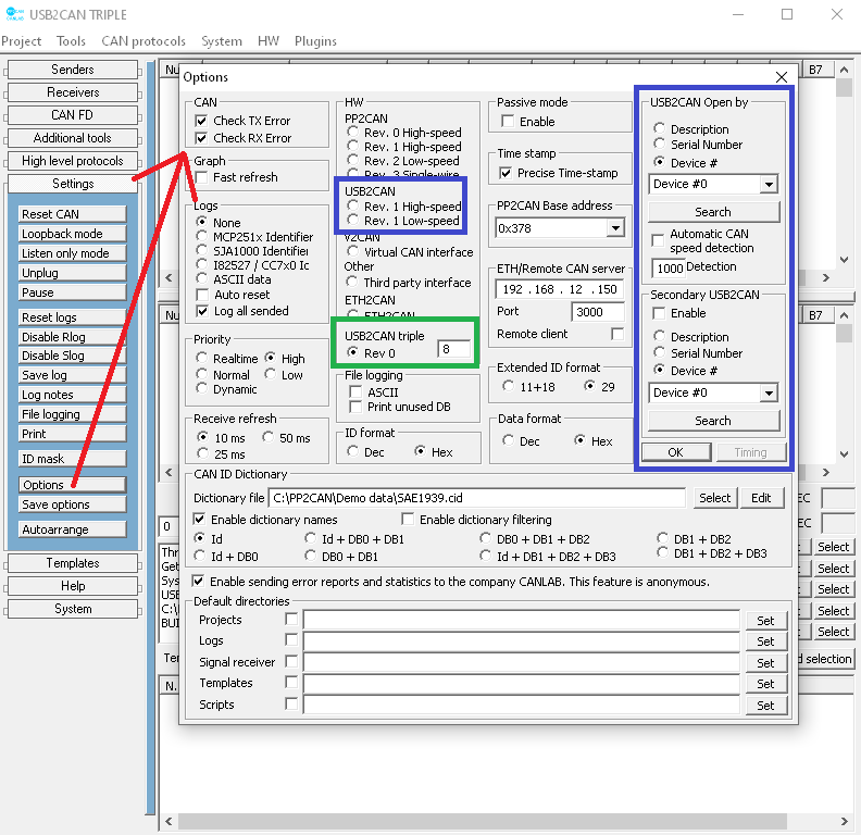USB2CAN - options dialog