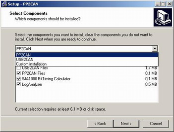 Volba vlastnosti a typu instalace SW pro PP2CAN a USB2CAN.